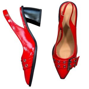Y2K Grunge Grommet Red Patent Slingback Pumps Pointed Toe Buckle Shoes Size 9